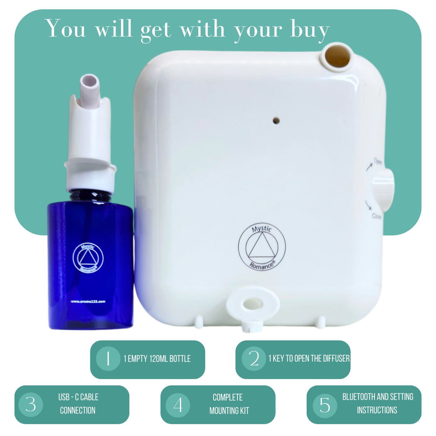 Di'Aroma® Clasic 69006 - Di'Aroma123 you will get with your buy.
Nebulizing technology delivers pure, consistent home fragrance that doesn’t fade
Whisper quiet and energy efficient
Adjust scent intensity and create schedules using our app
Security lock for the fragrance compartment.
Empty refill bottle (included)
Oil fragrance management opening keys