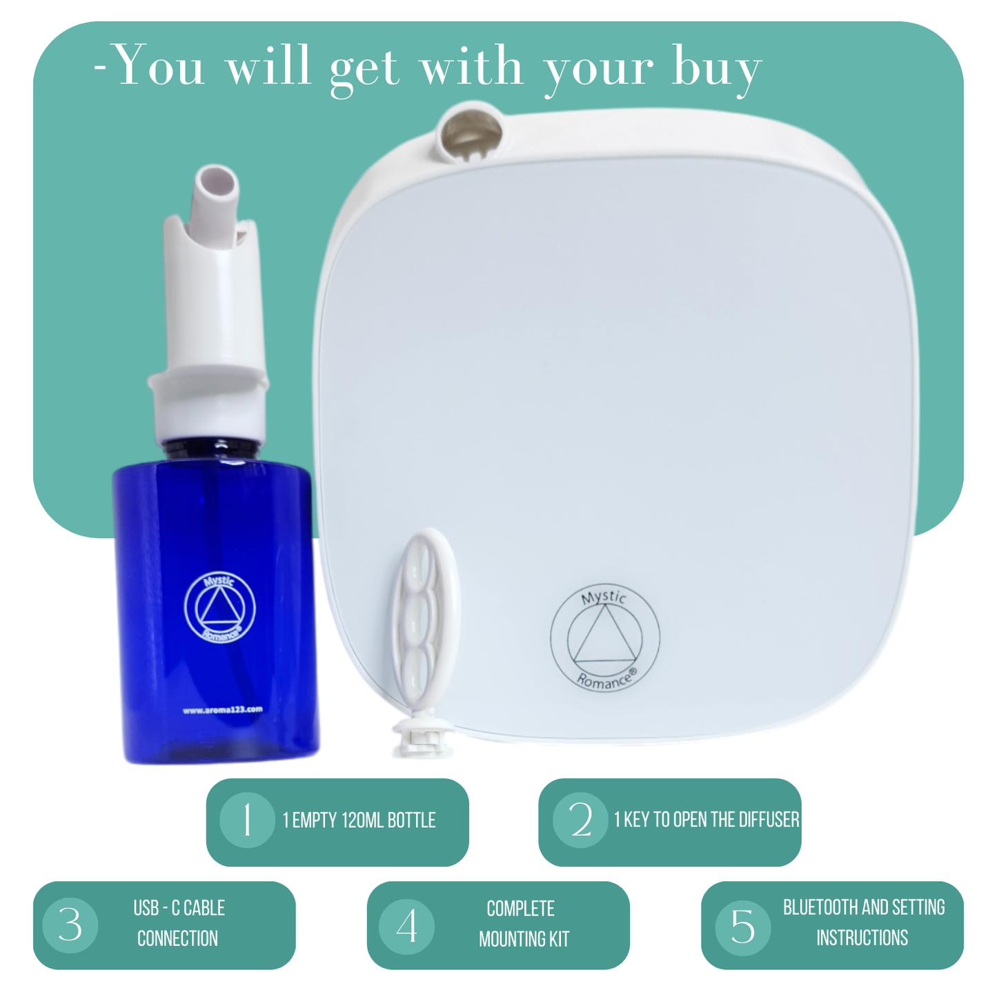 Di' Aroma Clasic Little 69007 - Di'Aroma123 you will get with you buy. Nebulizing technology delivers pure, consistent home fragrance that doesn’t fade
Whisper quiet and energy efficient
Adjust scent intensity and create schedules using our app
Security lock for the fragrance compartment.
Empty refill bottle (included)
Oil fragrance management opening keys