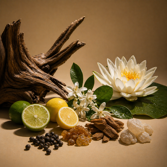 Decorative arrangement with lemons, limes, flowers, and a white water lily on a beige background.