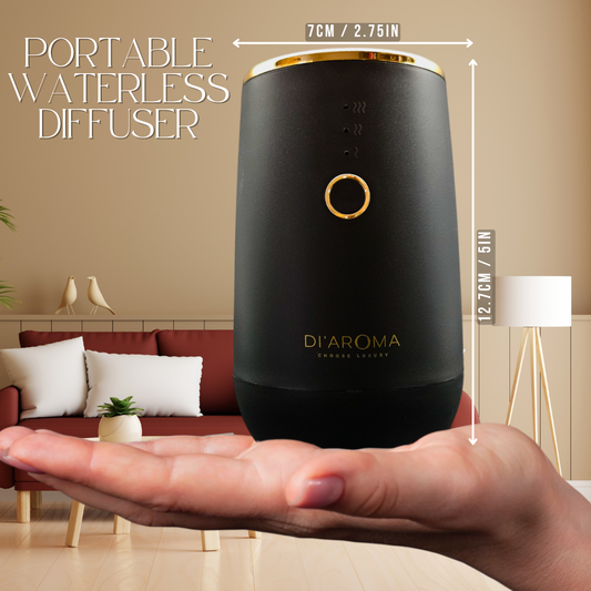 Black portable waterless diffuser with dimensions shown against a living room background