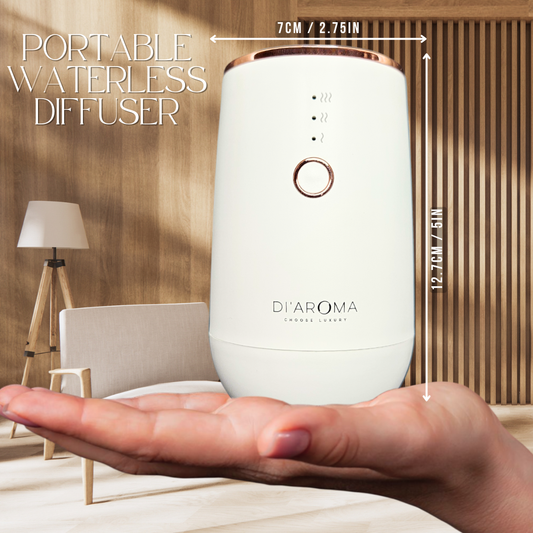 Portable waterless diffuser held in a hand with dimensions displayed, set against a blurred indoor background.