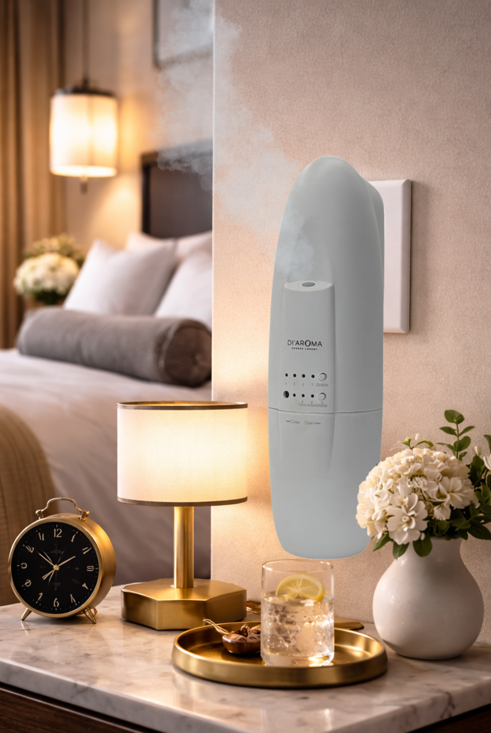 Humidifier on a nightstand next to a bed in a bedroom setting