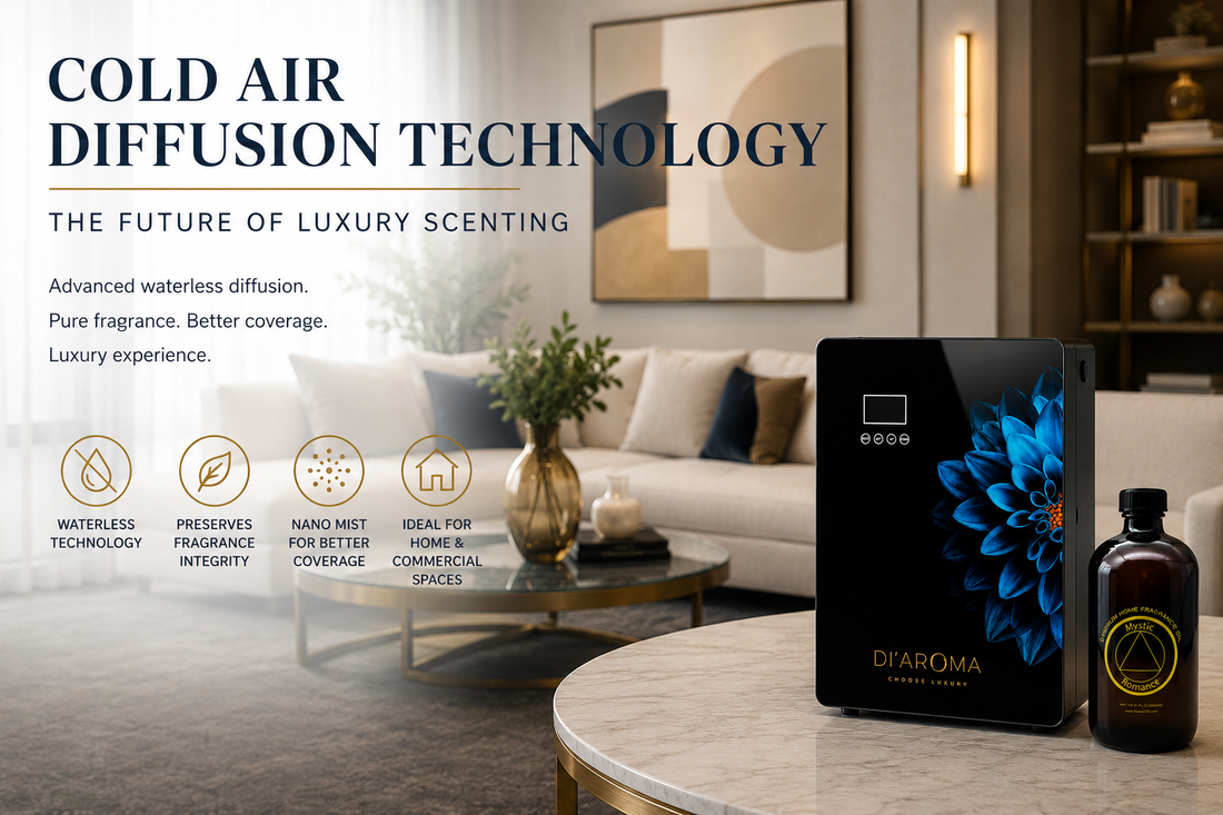 Cold Air Diffusion Technology luxury home and commercial scenting system by DI'AROMA featuring waterless cold air diffuser, premium fragrance oil