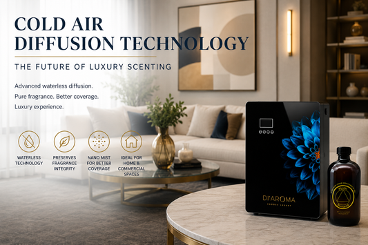 Cold Air Diffusion Technology luxury home and commercial scenting system by DI'AROMA featuring waterless cold air diffuser, premium fragrance oil