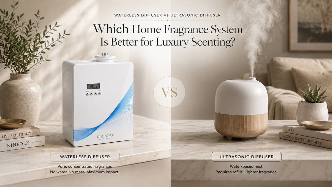Waterless Diffuser vs Ultrasonic Diffuser comparison infographic showing cold air diffusion technology versus water-based diffusion for luxury home fragrance